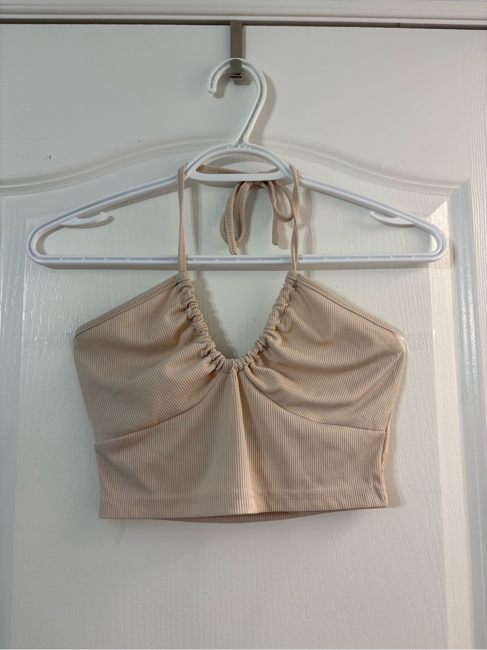 SHEIN Beige Ribbed Halter Crop Top
